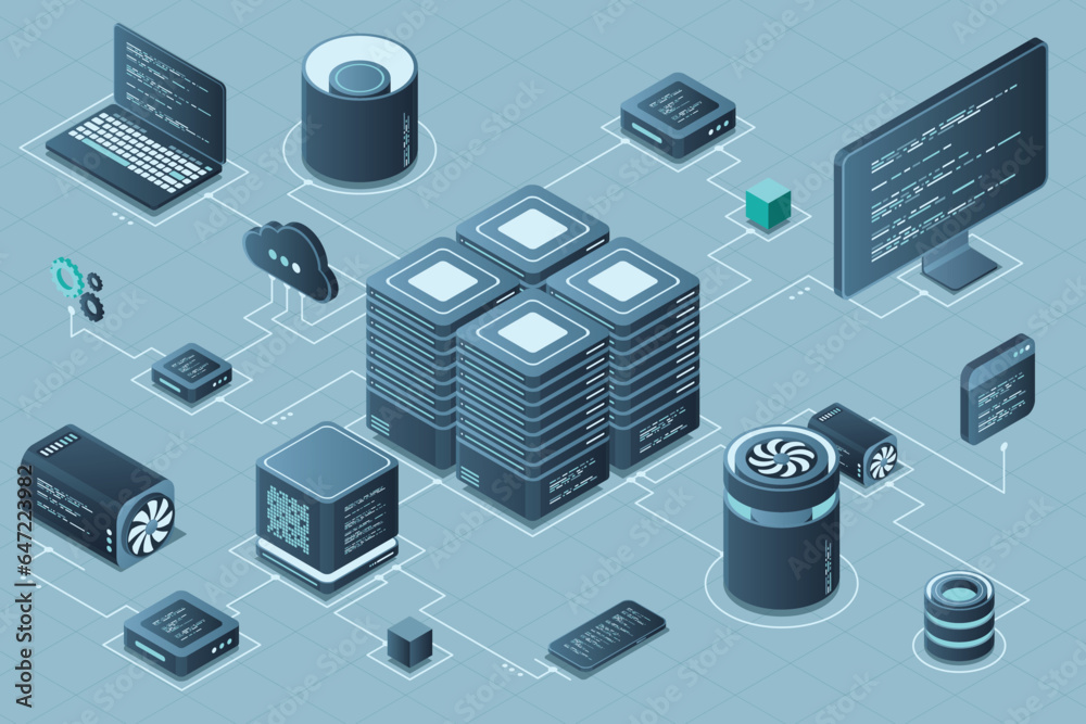 Poster computer technology isometric illustration. computation of big data center. cloud computing. online 
