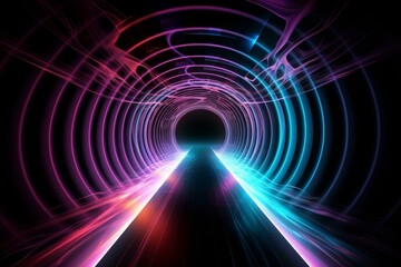 Retro neon hyper warp in tunnel: abstract flight in space illustration. Generative AI