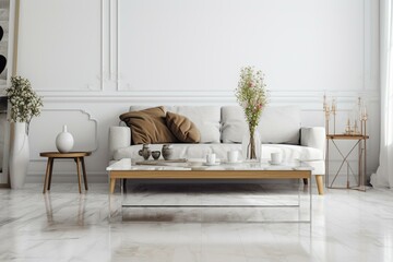 Contemporary living room concept, sofa, coffee table, flower vase, white background. Generative AI