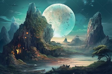 Artwork depicting mythical terrain with moon and vessel. Generative AI