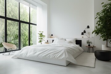 Sleek, simplistic white bedroom in spacious house. Generative AI