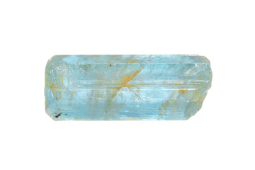 Natural rough aquamarine (beryl group) gemstone crystal on white background 