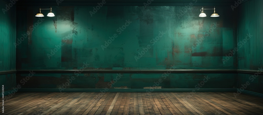 Wall mural artistically shadowed vintage green room with wooden flooring