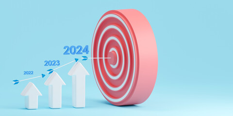 Concept business or investment growth and development illustration. Uptrend bar graph with development of business target or achievement from 2022 to 2024.