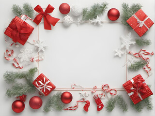 Fototapeta na wymiar Merry Christmas and Happy Holidays. Christmas greeting card with place for text. flat lay Christmas composition with decorations. generative AI