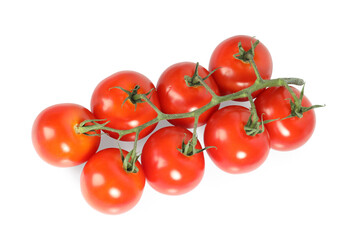 Branch with ripe cherry tomatoes isolated on white, top view