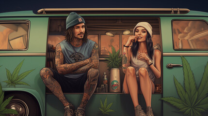 Tattooed hippie couple sitting in a camper van