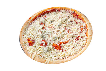 raw pizza four cheeses parmezan, mozzarella, emmental, cheddar, tomato sauce fast food appetizer meal food snack on the table