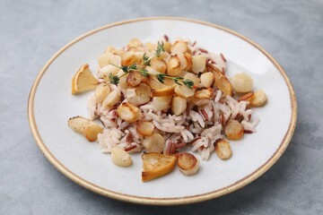 Plate with baked salsify roots, lemon and rice on light grey table, closeup