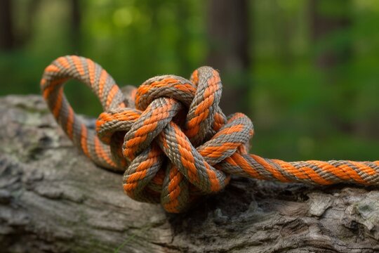 Outdoor knot example with orange rope. Generative AI