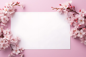 Printable Art, Stationery, and Greeting Card Mockup - Blank Paper Surrounded by Pink Lilac Flowers Against a Country Background, Evoking the Charm of Cherry Blossoms
