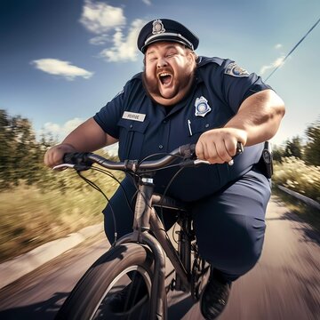Funny picture of body positive, fat police officer riding fast on bike, he is happy and screaming. Funny picture of body positive, fat police officer riding fast on bike, he is happy and screaming.