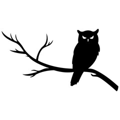 Happy Halloween black silhouette of spooky owl perched on tree branch. Vector illustration isolated on white background. Simple flat style graphic. Concept digital art, hand drawn. Clip-art.