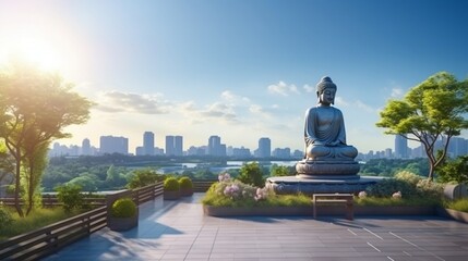 A buddha statue on sky garden on private rooftop of condominium or hotel, high rise architecture building with tree, grass field, and blue sky
