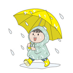 雨の中、レインコートを着て傘をさす子ども