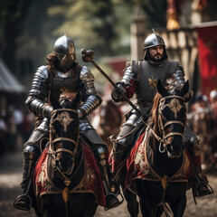 Naklejka premium knight in armour ride horses