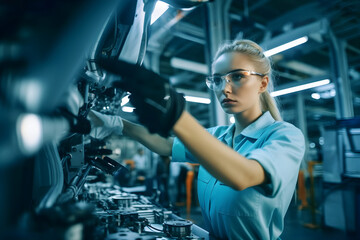 Female expert engineer working on some machinery, displaying expertise in technology and electronics.