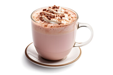 A cup of coffee or hot choclate with milk whip cream and cholcolate powder on the white background. genarative ai