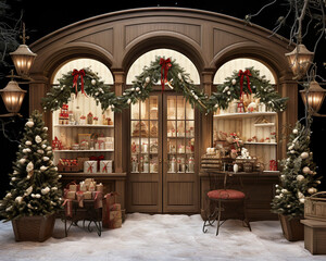 Fototapeta na wymiar Christmas vintage shop window with decorations