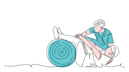 Physiotherapist helps with fitball exercise. Physiotherapy treatment, rehabilitation therapy vector illustration. One continuous line art drawing of physiotherapist, fitball and patient
