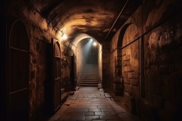 Gloomy castle underground passage with dim light. Generative AI