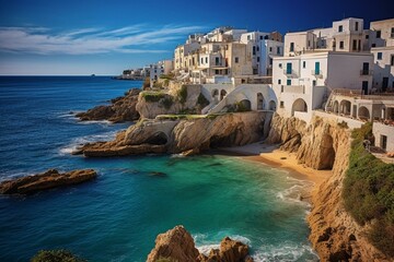 Picturesque Vieste village on Puglia's rocky coast. Generative AI - obrazy, fototapety, plakaty
