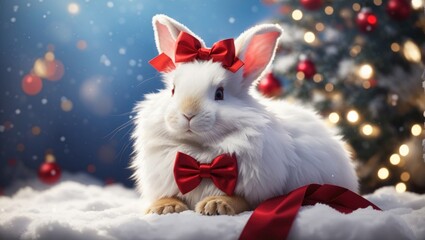 "Charming vintage rabbit on a gleaming Christmas-themed backdrop."