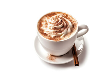 A cup of coffee or hot choclate with milk whip cream and cholcolate powder with cinnamon stick on the white background. 