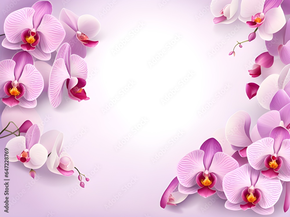 Sticker beautiful orchid flowers and leaves on white background