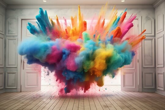 Colorful explosion on white canvas in room with windows. Generative AI