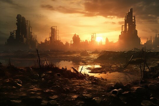 A desolate city in ruins, portraying devastation, destruction, decay, desperation, a post-apocalyptic wasteland resembling Mad Max's dystopia. Generative AI