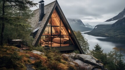 Beautiful A-frame cabin in the wilderness with a view of dramatic fjords