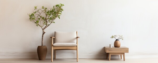 Trendy white boucle armchair with side table and houseplant, Japandi interior design