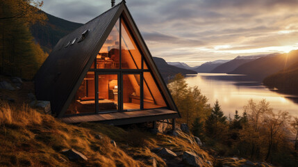 Beautiful A-frame cabin in the wilderness with a view of dramatic fjords - obrazy, fototapety, plakaty