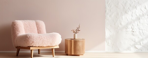 Trendy pink boucle armchair and rose gold side table, Scandinavian and minimalist interior design