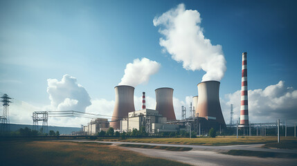 Fototapeta na wymiar Thermal power station, modern power plant, industrial landscape. Thermal power station set against a blue sky,