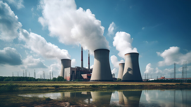 Thermal power station, modern power plant, industrial landscape. Thermal power station set against a blue sky,