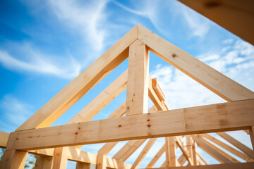 Detail of wooden frame of the prefabricated structure, view towards the sky