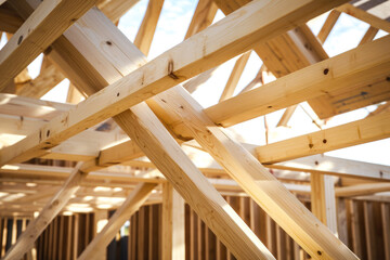 Detail of wooden frame of the prefabricated structure, view towards the sky