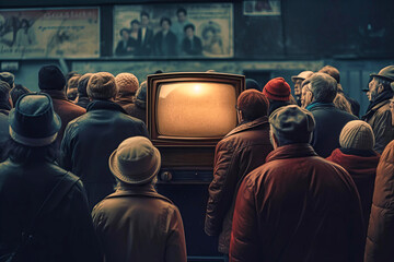 People Gaze at Old Television on Screen: A Nostalgic Moment - obrazy, fototapety, plakaty