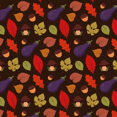 The pattern is cozy with purple eggplants, small acorns, cute mushrooms in the grass, autumn leaves of various kinds, colors on a warm brown background