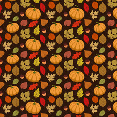 A pattern with pumpkin, acorns, autumn worked out high-quality multicolored leaves on a warm brown background, a beautiful silhouette, a lot, thick