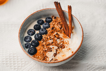 Yogurt Bowl with Cinnamon Granola and Blueberries