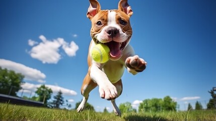 Active young red and white American Staffordshire Terrier dog with cropped ears posing outdoors jumping up on a green grass catching a tennis ball in summer - obrazy, fototapety, plakaty