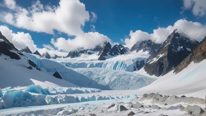 Fotobehang beautiful wide shot of ruth glaciers covered in snow under a blue sky with white clouds © ponpary