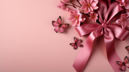 Fototapeta na wymiar Pink ribbon on pink background with copy space