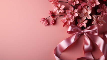 Pink ribbon on pink background with copy space