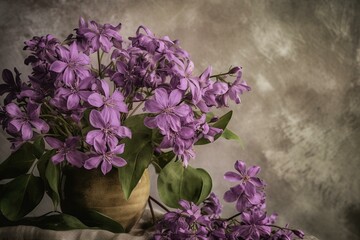 cluster of purple flowers on neutral backdrop. Generative AI