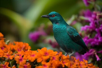 vibrant bird on tropical flowers. Generative AI