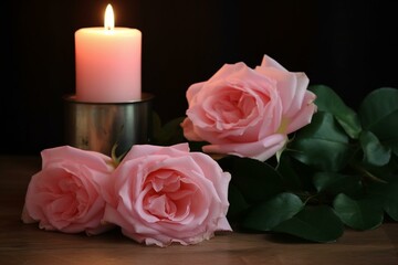 A pink rose and candles. Sympathy, condolence, all souls day. Generative AI
